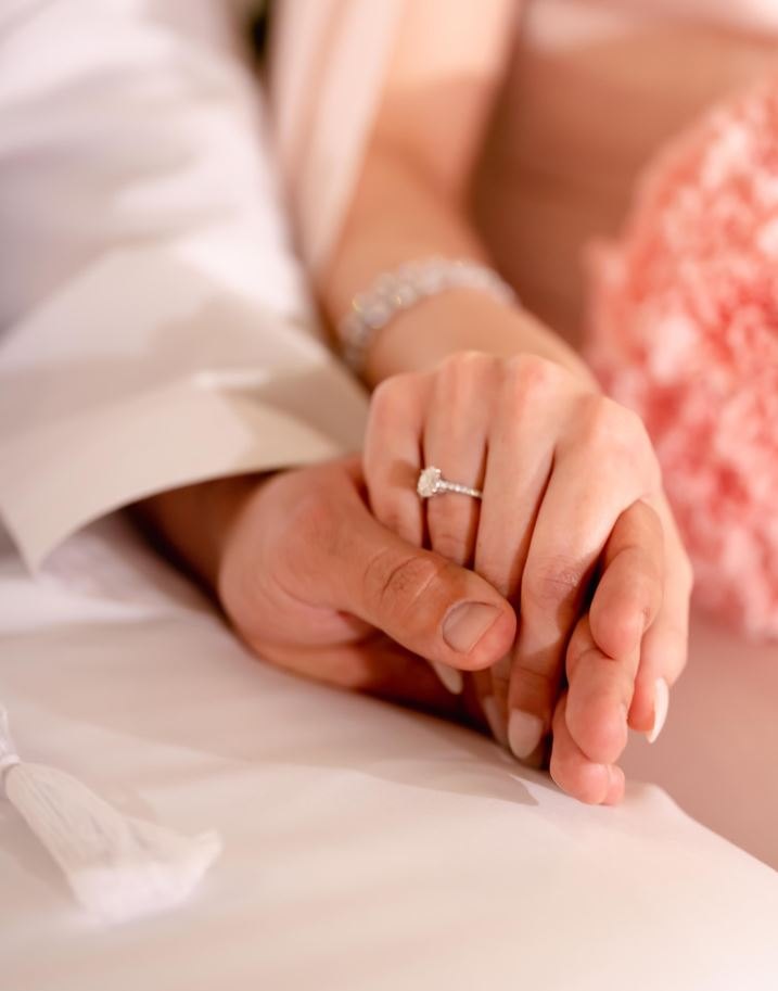 Bride and groom hands with rings