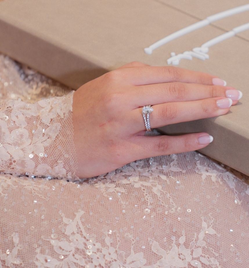 Wedding ring on lace sleeve detail